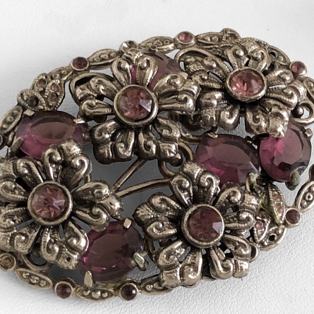 Vintage Floral Oval Purple Rhinestone Brooch